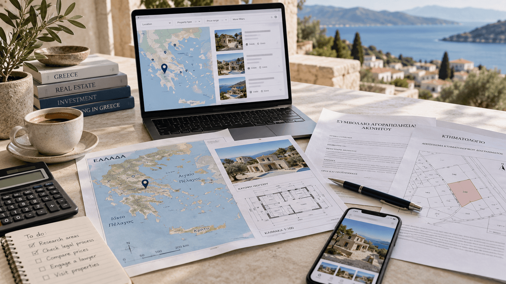 Buyer-side research desk: a laptop showing Greek property listings on a map, a printed map of Greece, a floor plan, a purchase contract and a cadastre extract, with a to-do list reading research areas, check legal process, compare prices, engage a lawyer, visit properties.